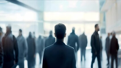 Blurred speaker presenting to focused audience in conference room from behind. Concept Conference Presentation, Blurred Speaker, Focused Audience, Seminar Setting