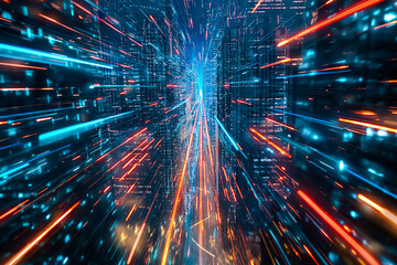 Fototapeta premium Speed light trails path through smart modern mega city and skyscrapers town with neon futuristic technology background, future virtual reality, motion effect, high speed light