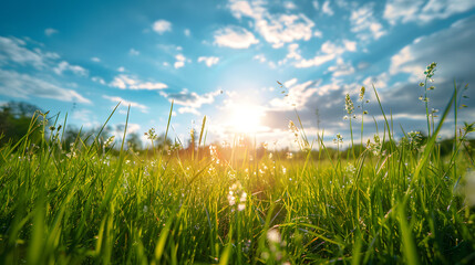 Fototapeta premium Beautiful summer natural landscape. Green grass in meadow on background blue sky with clouds and sun on warm summer day. Bright colorful image of nature