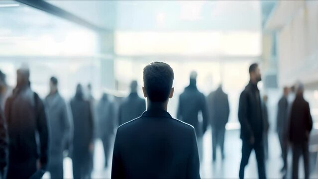 Blurred speaker presenting to focused audience in conference room from behind. Concept Conference Presentation, Blurred Speaker, Focused Audience, Seminar Setting