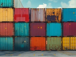 Fototapeta premium Colorful Cargo Containers Stacked at the Shipping Port Terminal