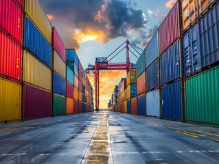 Fototapeta premium Colorful Cargo Containers at Busy Shipping Port Loaded by Cranes and Machinery