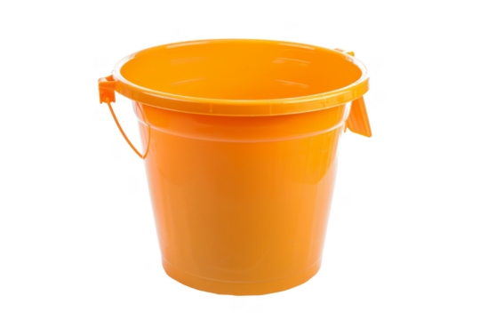 A large orange bucket with a handle sits on a white background