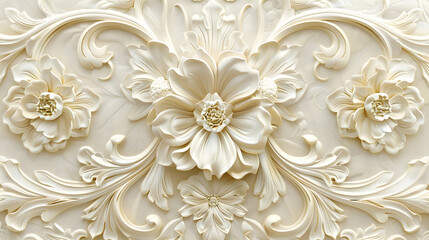 Beautiful texture of paper Wallpaper embossed in form of a classic floral ornament in light golden beige and white tones