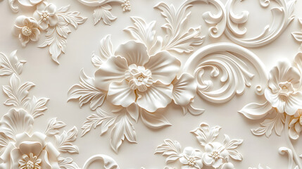 Beautiful texture of paper Wallpaper embossed in form of a classic floral ornament in light golden beige and white tones