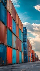 Fototapeta premium Colorful Cargo Containers at Bustling Shipping Port with Cranes and Cityscape in Background