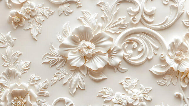 Fototapeta Beautiful texture of paper Wallpaper embossed in form of a classic floral ornament in light golden beige and white tones
