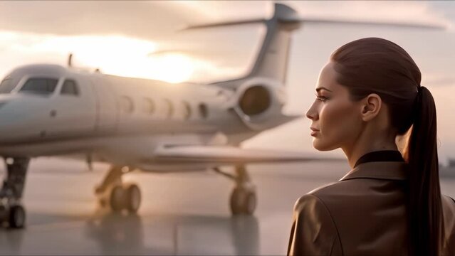 Symbolizing Luxury Business Travel: An Elegant Hostess by Limousine and Private Jet. Concept Luxury Travel, Elegant Hostess, Limousine, Private Jet, Business Travel