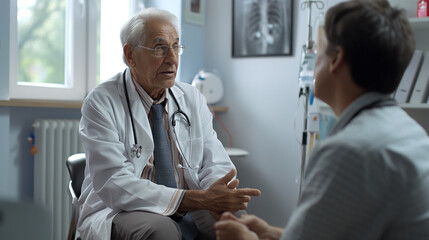 A doctor is talking to a patient in a hospital room