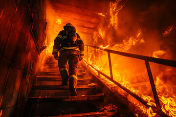 Fototapeta premium Strong and brave Firefighter Going Up The Stairs in Burning Building. Stairs Burn With Open Flames.
