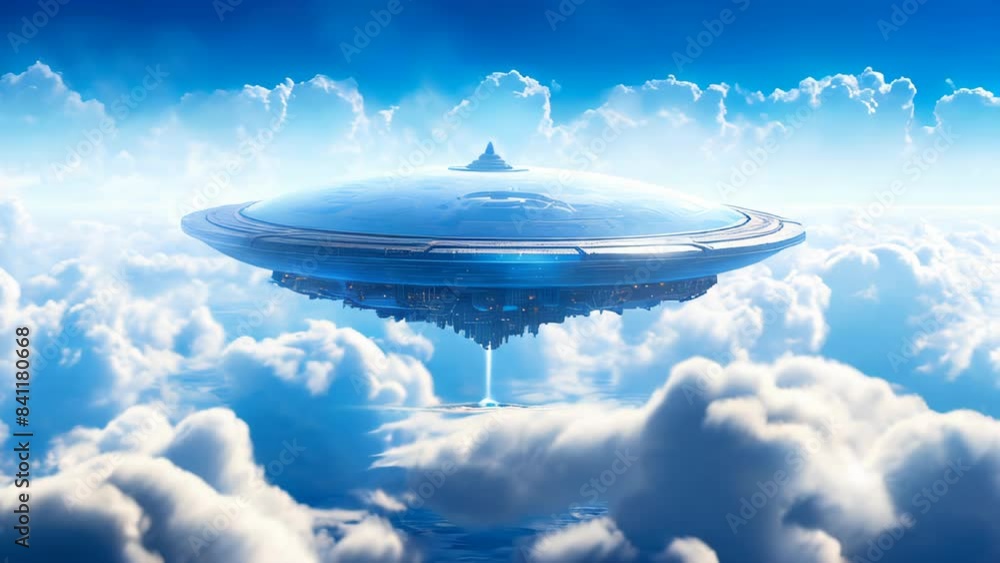 Poster floating advanced technology flying object in the clouds