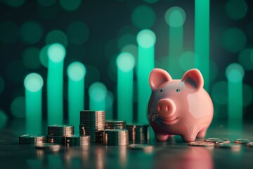Piggy bank filled with coins, light from above, green upward financial graph, flat design, front view, savings theme, 3D render, Complementary Color Scheme