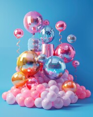 Colorful abstract hypertrophied forms made of inflatable items on blue background in style of 3d.