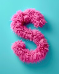 Fototapeta premium bright pink fur, fluffy letter S on pastel blue background in 3D style. card for your design
