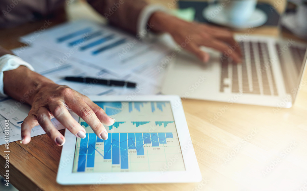 Aufkleber Hands, screen and businessperson with data on tablet at desk for graphs, charts or digital statistics in office. Lens flare. laptop and employee for kpi update, economy growth or review documents