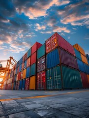 Colorful Cargo Containers at Busy Shipping Port During Dramatic Sunset