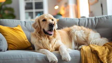 happy golden retriever dog is lying on a cozy sofa in a modern living room