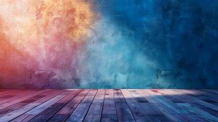 Beautiful versatile backdrop for design and product presentation with blue wall, light reflections and wooden floor