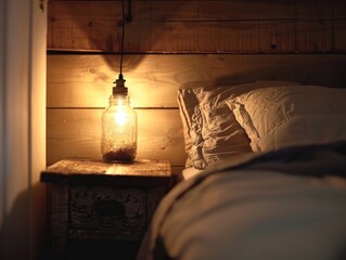 Rustic Chic Bedroom With A Mason Jar Night Lamp Casting A Soft Glow, Natural Colors, Minimalist, Bright Background