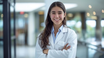Smiling Southern European Female Doctor in a Modern Hospital Setting, Perfect for Medical Promotions, Health Awareness Campaigns, and Professional Healthcare Representation