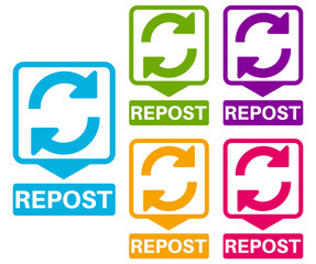 Obraz premium Set collections repost trendy colorful icon sign. Social media labels design template Vector illustration