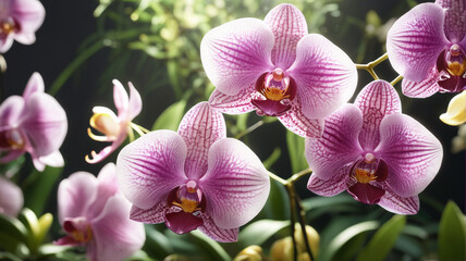 Fototapeta premium Botanical Symphony: Blooming Orchids, Dappled Sunlight, Fresh Fragrance, Generative AI