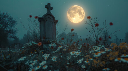 A Graveyard Underneath A Full Moon At Night