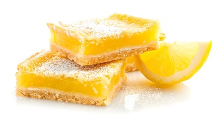 Lemon bars with a tangy citrus filling isolated on white background, dessert collection