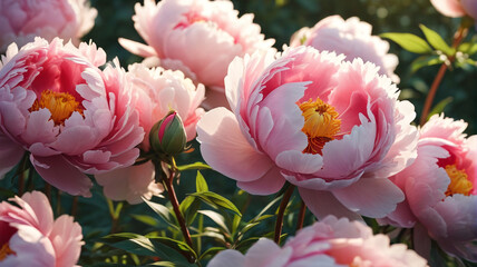 Sunlit Blooms: Blossoming Peonies, Warm Glow, Natural Splendor, Generative AI