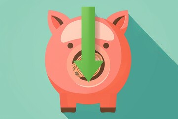 Obraz premium Piggy bank, coins inside, green arrow pointing up, flat design, top view, monetary theme, animation, Splitcomplementary color scheme