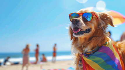 Golden Retriever Wearing Sunglasses on Beach With People in Background