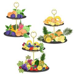 Set of fruit and berry desserts on decorative plates isolated on a white background.Vector fruit compositions for summer holiday designs.