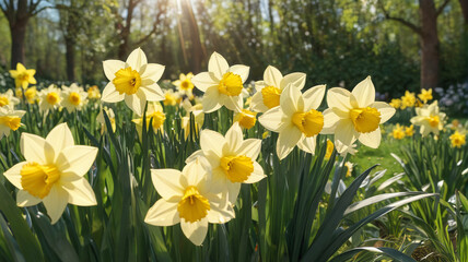 Fototapeta premium Floral Delight: Sunlit Daffodils, Lush Greenery, Springtime Bliss, Generative AI