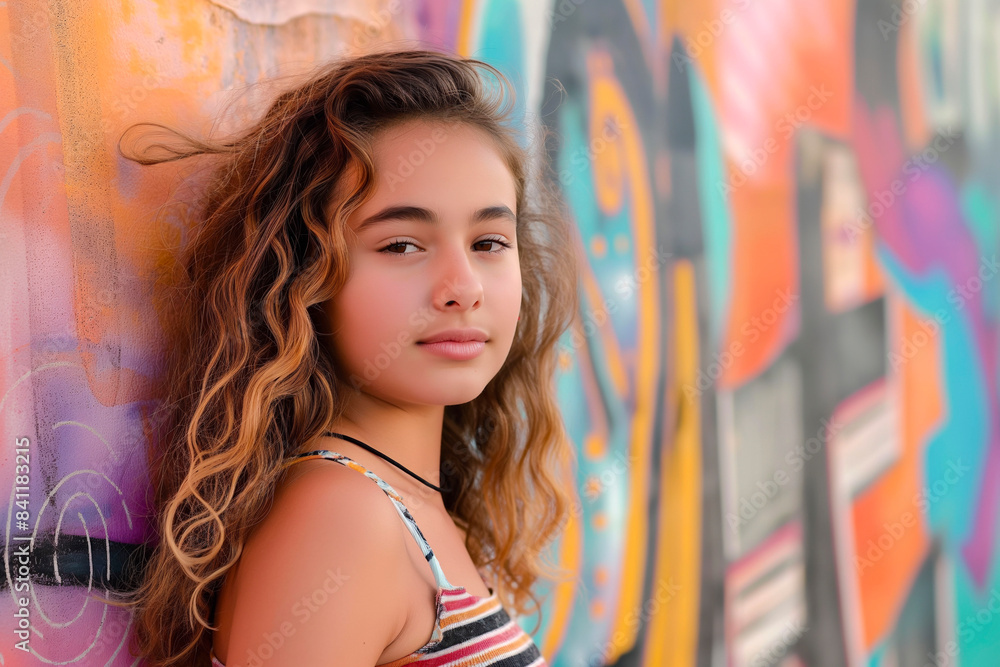 Wall mural Teenage girl posing in front of colourful backdrop.