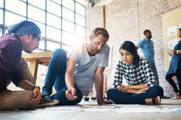 Floor, people and team planning with notes for company with data analysis, research and statistics. Business, meeting and strategy with collaboration, staff and communication in office in Switzerland