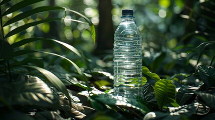 Plastic water bottle in a lush forest, among green plants, low angle shot,