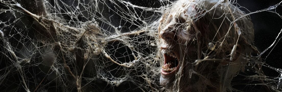 Wide-angle view, grotesque character covered in tattered, glistening spiderweb, eerie eyes wide, mouth open in a horrified scream, against a deep black background, photorealistic rendering