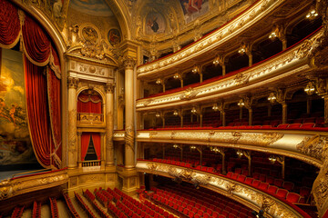 Obraz premium Ornate theater interior with red velvet seats and balconies