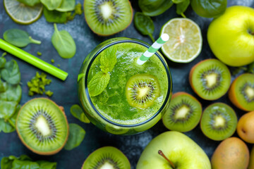 Top view of a drinking glass full of green detox juice with a drinking straw surrounded by various kinds of green fruits and vegetables