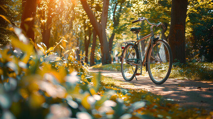 Fototapeta premium Bicycle in shade of trees with dense foliage in sun-drenched urban natural spring summer park