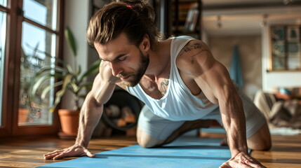 Man Fitness Push-up Exercise Indoor Sunlight Muscular Concentration Athletic Healthy Lifestyle