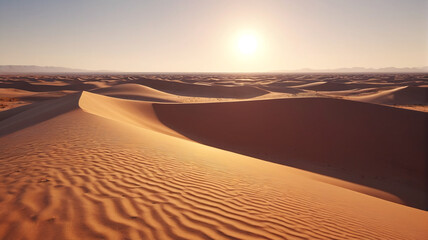 A voyage across a vast desert landscape, where dunes stretch to the horizon under a blazing sun, Generative AI