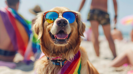 Golden Retriever Wearing Sunglasses At The Beach