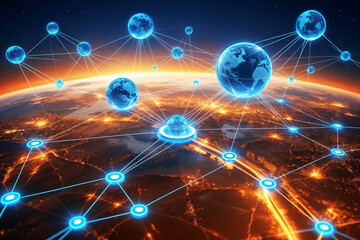 Obraz premium Dot line link blue sphere on Earth Internet technology concept