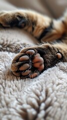 Obraz premium A close-up shot of a cat's paw resting gently on a soft surface like a cushion or a blanket