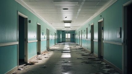 Fototapeta premium Prowling the empty corridors of an abandoned hospital wing, where the echoes of distant footsteps haunt the stillness, Generative AI