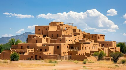 Pueblo-style adobe house, reflecting the traditional architecture of Native American communities in the Southwestern United States. Multi-story house made of adobe bricks, with flat roofs