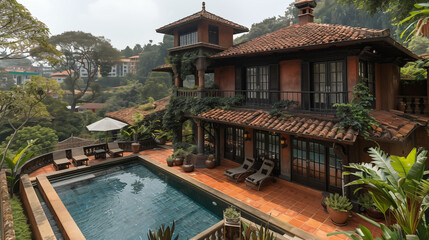 Obraz premium Traditional wooden houses with terracotta tiled roofs surrounded by lush tropical gardens and a swimming pool overlooking mountains. Concept of luxury eco-resort and tropical paradise.
