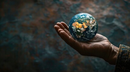 Hand gently cradles a small Earth, symbolizing the responsibility and care needed to protect our planet, set against a dark, textured background.