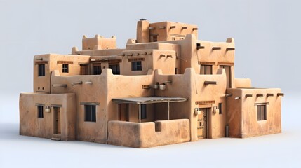 Pueblo-style adobe house, reflecting the traditional architecture of Native American communities in the Southwestern United States. Multi-story house made of adobe bricks, with flat roofs